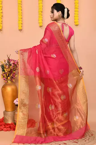 pink cotton blend handloom saree with running blouse piece pallu & border zari work