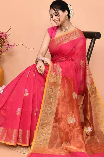 pink cotton blend handloom saree with running blouse piece pallu & border zari work
