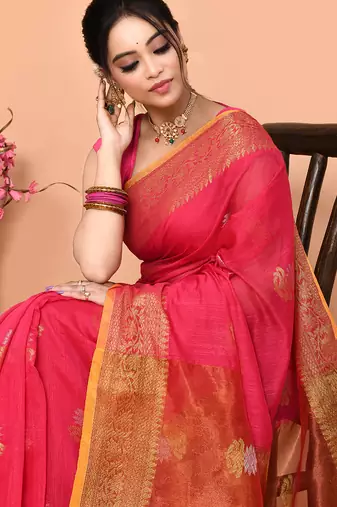 pink cotton blend handloom saree with running blouse piece pallu & border zari work