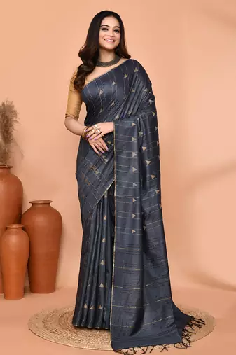 grey silk blend handloom saree with running blouse piece