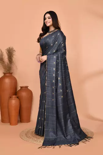 grey silk blend handloom saree with running blouse piece