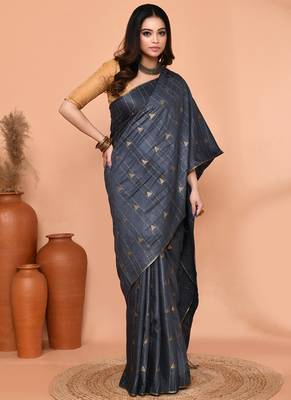 grey silk blend handloom saree with running blouse piece 3