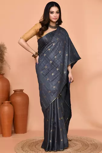 grey silk blend handloom saree with running blouse piece