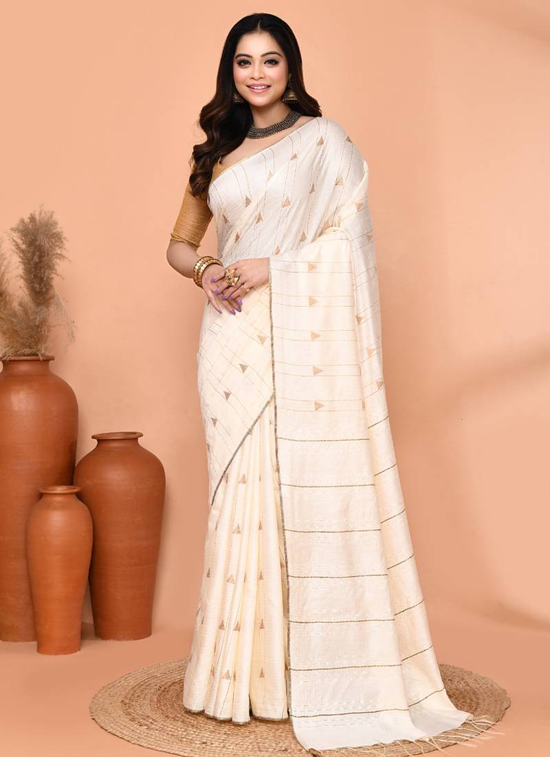 off white silk blend handloom saree with running blouse piece