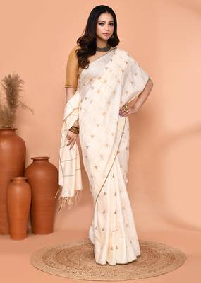 off white silk blend handloom saree with running blouse piece 3