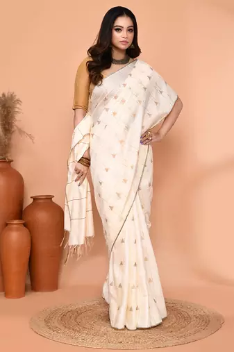 off white silk blend handloom saree with running blouse piece