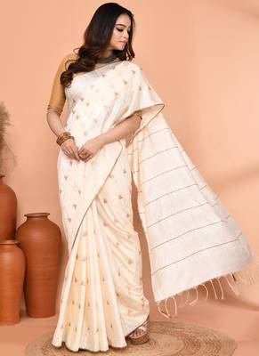 off white silk blend handloom saree with running blouse piece 4