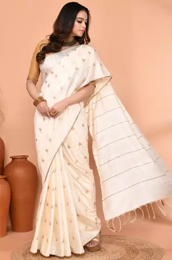 off white silk blend handloom saree with running blouse piece