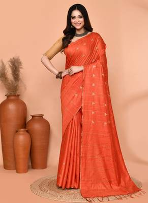 orange silk blend handloom saree with running blouse piece 1