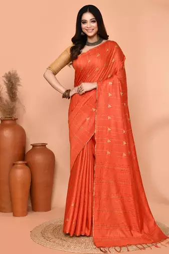 orange silk blend handloom saree with running blouse piece