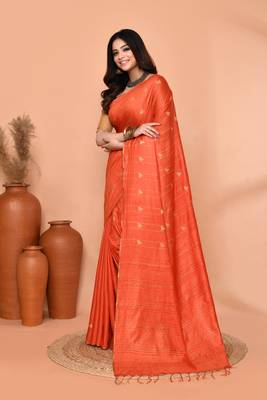orange silk blend handloom saree with running blouse piece 2
