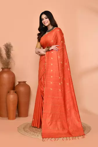 orange silk blend handloom saree with running blouse piece