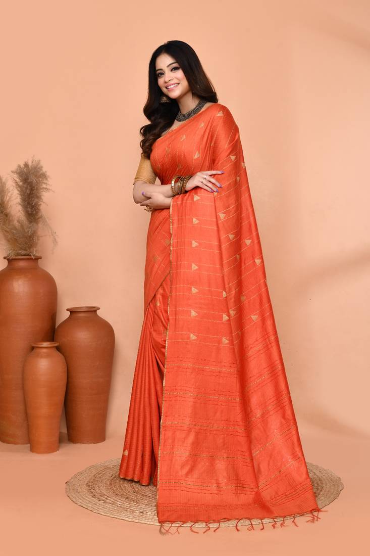 orange silk blend handloom saree with running blouse piece
