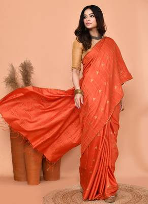 orange silk blend handloom saree with running blouse piece 3