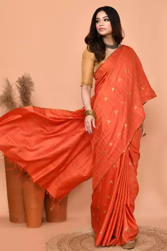 orange silk blend handloom saree with running blouse piece