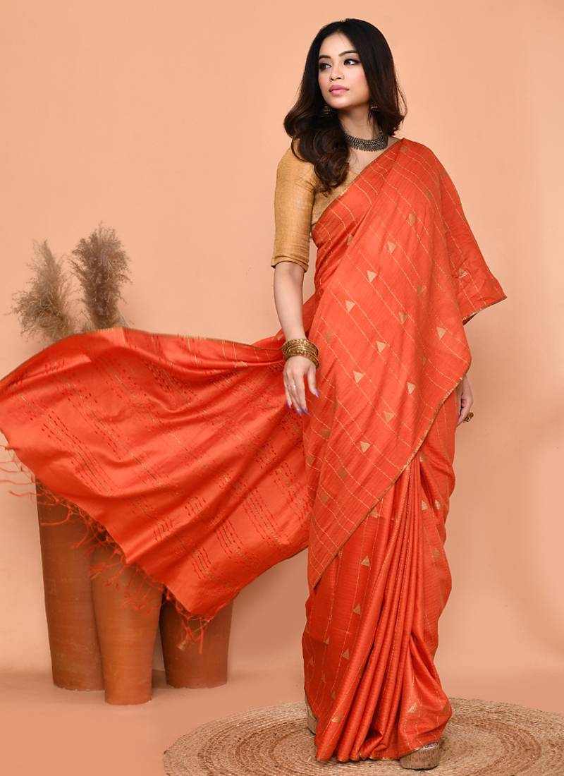 orange silk blend handloom saree with running blouse piece