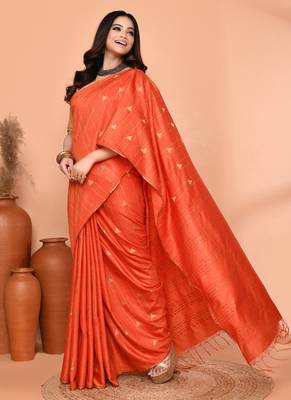 orange silk blend handloom saree with running blouse piece 4