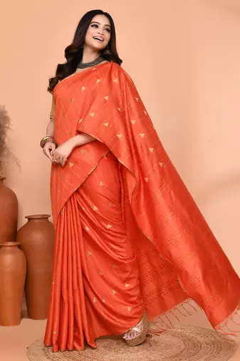 orange silk blend handloom saree with running blouse piece
