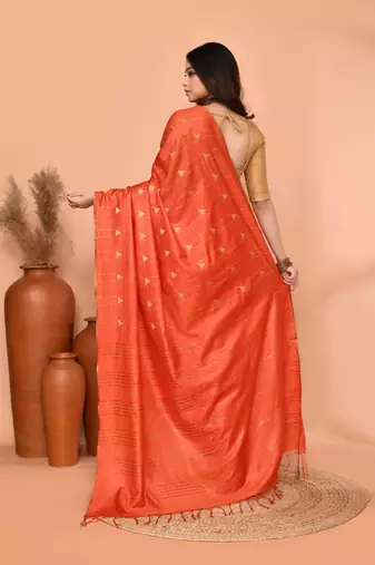 orange silk blend handloom saree with running blouse piece