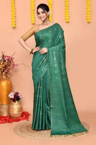 green silk blend handloom saree with running blouse piece