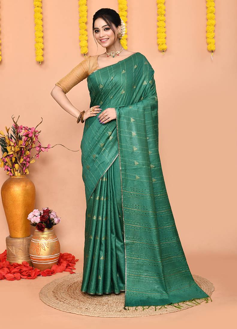 green silk blend handloom saree with running blouse piece