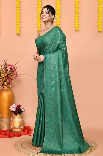 green silk blend handloom saree with running blouse piece
