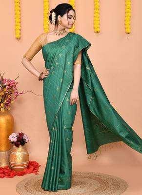green silk blend handloom saree with running blouse piece 3