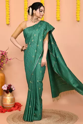 green silk blend handloom saree with running blouse piece