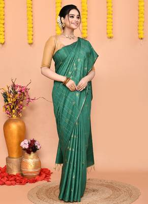 green silk blend handloom saree with running blouse piece 4