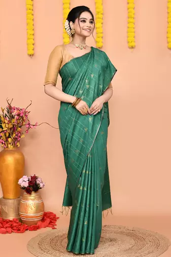 green silk blend handloom saree with running blouse piece