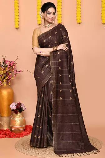 brown silk blend handloom saree with running blouse piece
