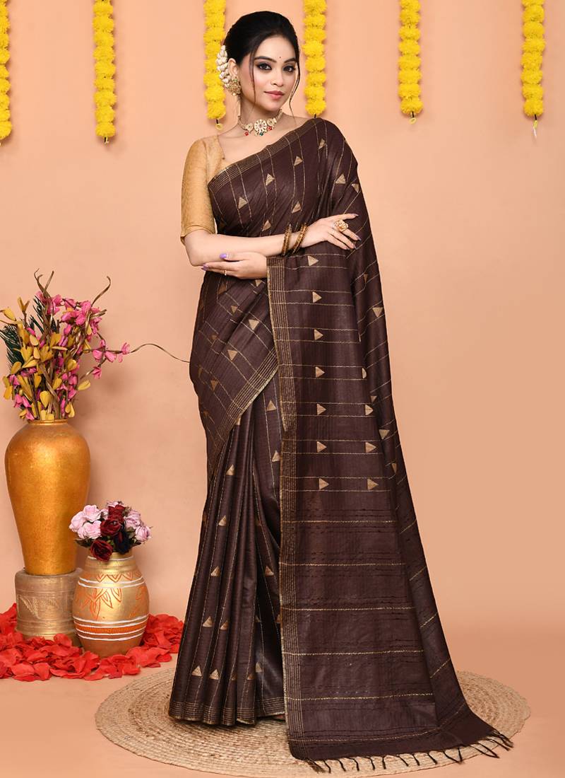 brown silk blend handloom saree with running blouse piece