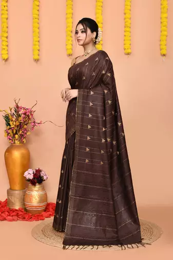 brown silk blend handloom saree with running blouse piece