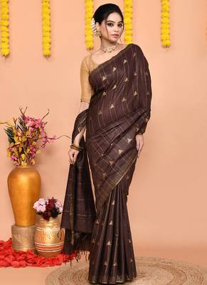 brown silk blend handloom saree with running blouse piece 3