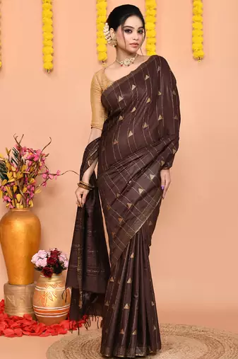 brown silk blend handloom saree with running blouse piece
