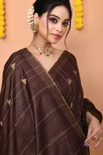 brown silk blend handloom saree with running blouse piece