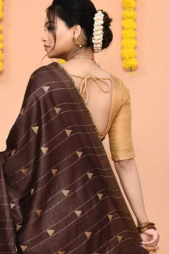 brown silk blend handloom saree with running blouse piece