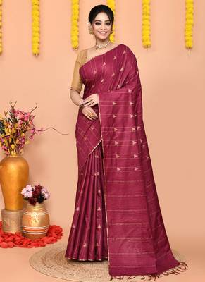 wine silk blend handloom saree with running blouse piece 1