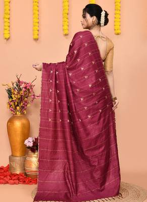 wine silk blend handloom saree with running blouse piece 3