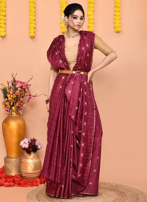 wine silk blend handloom saree with running blouse piece 4