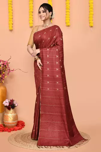 maroon silk blend handloom saree with running blouse piece