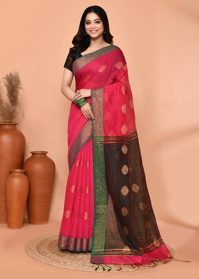 rani cotton blend handloom saree with running blouse piece