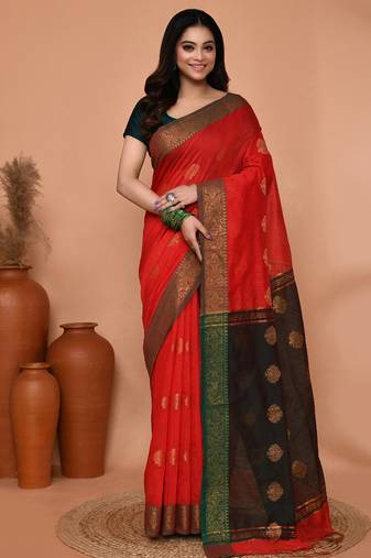 red cotton blend handloom saree with running blouse piece