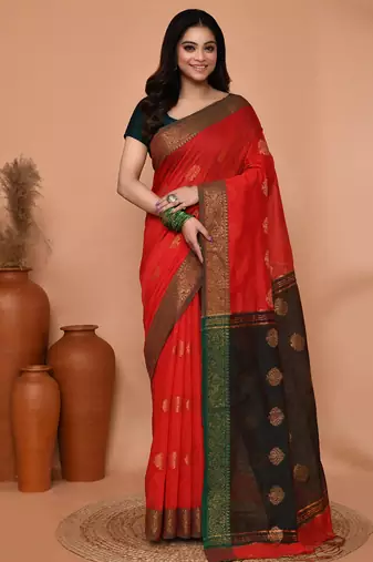 red cotton blend handloom saree with running blouse piece