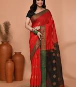 red cotton blend handloom saree with running blouse piece