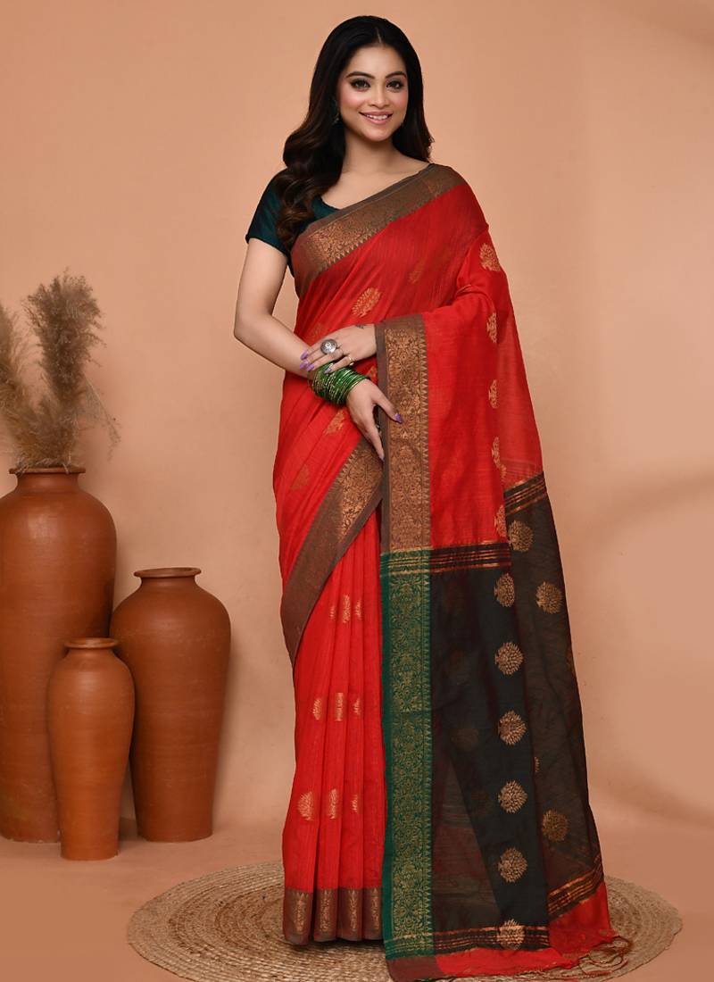red cotton blend handloom saree with running blouse piece