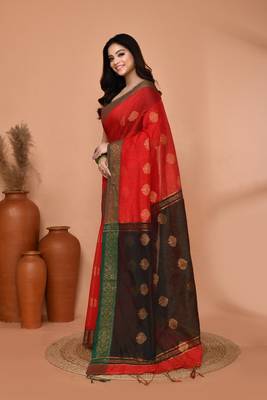 red cotton blend handloom saree with running blouse piece 2