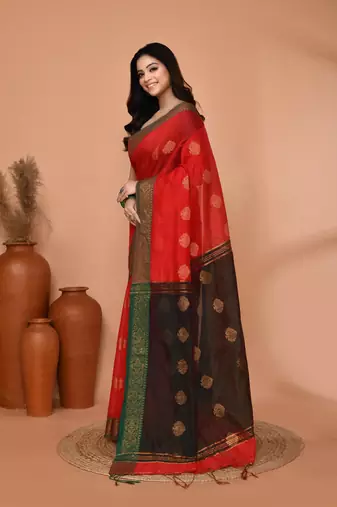 red cotton blend handloom saree with running blouse piece