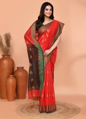 red cotton blend handloom saree with running blouse piece 3