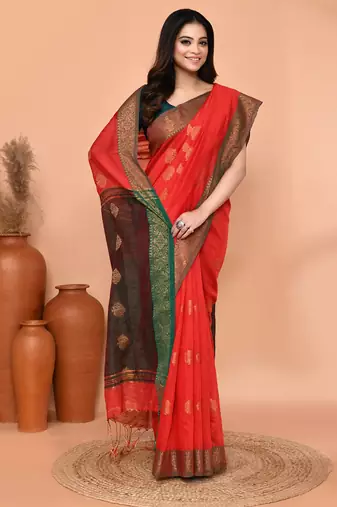 red cotton blend handloom saree with running blouse piece